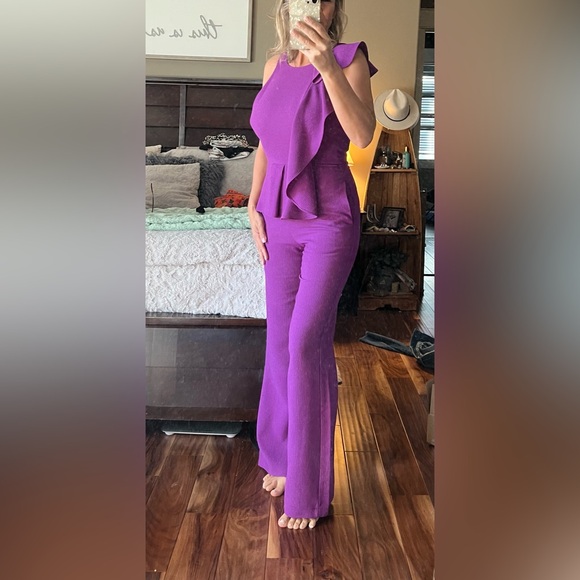 Black Halo Purple Ruffle Peplum Wide-Leg Jumpsuit - Picture 8 of 9